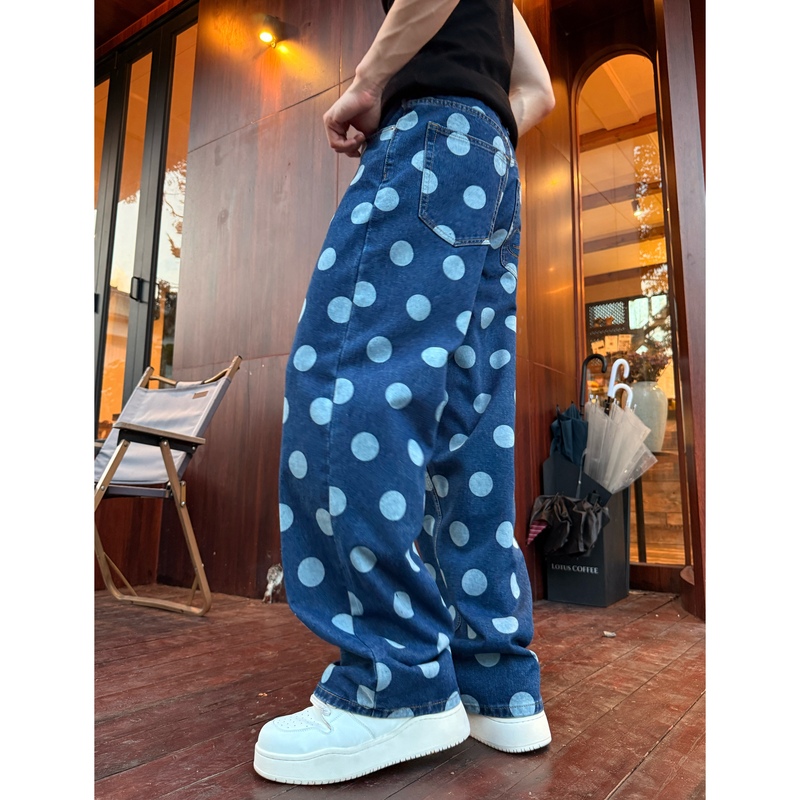 Guaoyiju Unisex Jeans with Trendy Polka Dot Print, Embroidered Pockets, Straight-Leg, Slightly Loose Fit, Long Pants with a Sense of Design