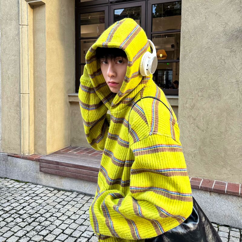 Guoyiju - LAOSHU American Street Style Color-Block Striped Hooded Sweatshirt for Men and Women, Casual Versatile Loose Cardigan Jacket Guoyiju - LAOSHU American Street Style Color-Block Striped Hooded Sweatshirt for Men and Women, Casual Versatile Loose Cardigan Jacket