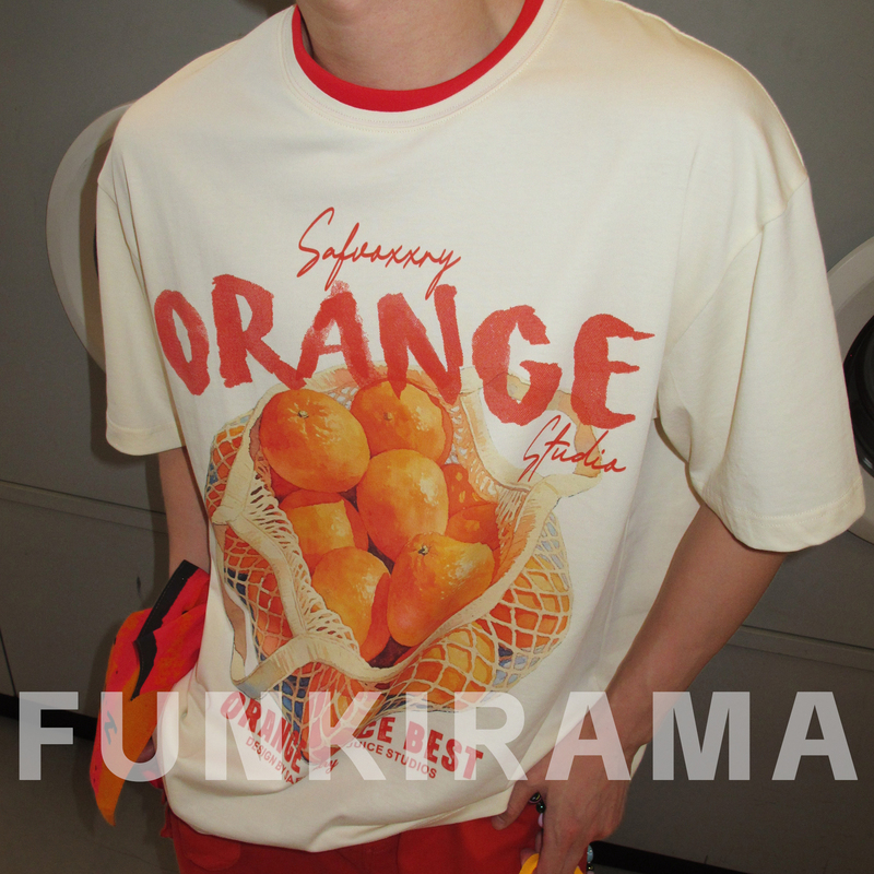 Guoyiju American Retro Creative Orange Print Short-Sleeve T-Shirt Summer Dopamine Versatile Casual Couple Top Guoyiju American Retro Creative Orange Print Short-Sleeve T-Shirt Summer Dopamine Versatile Casual Couple Top