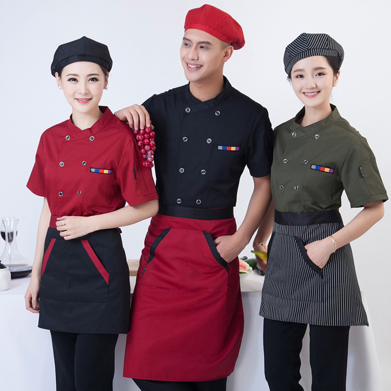 ngắn tay nam mùa hè váy Chef và phụ nữ sau khi thống nhất workclothes nhà hàng bánh quần áo bếp khách sạn đầu bếp của