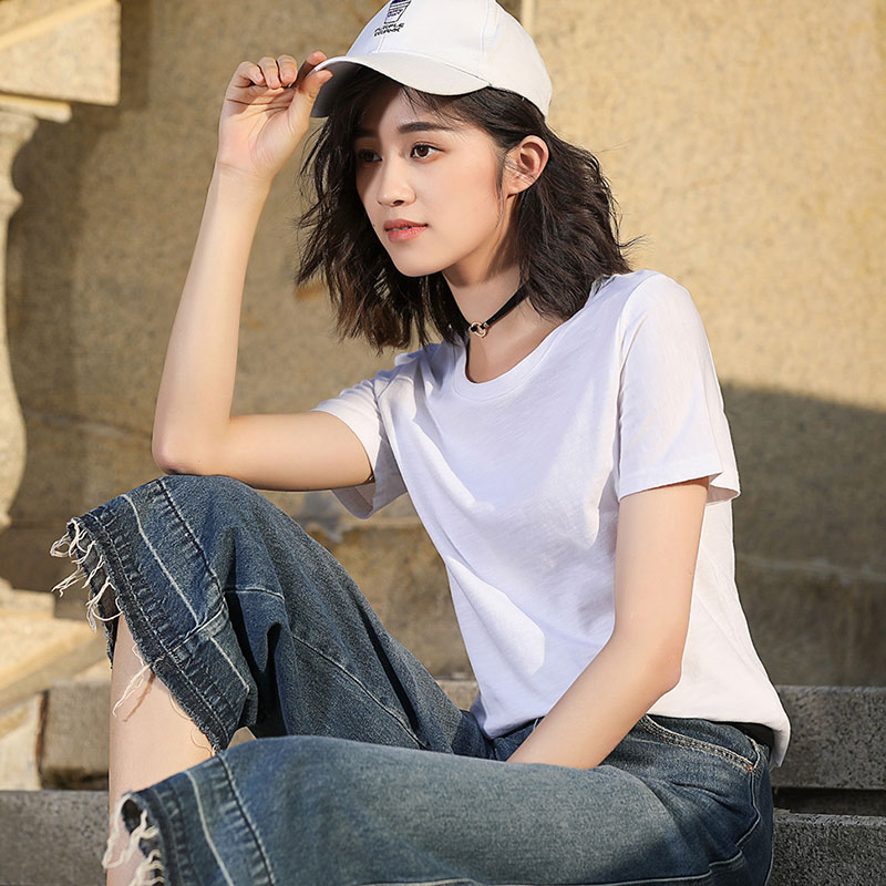 White Slub CottonShort sleeve T-shirt female easy pure cotton jacket summer wear Half sleeve white T 桖 Women's wear 2021 new pattern tide Solid color Slubby cotton