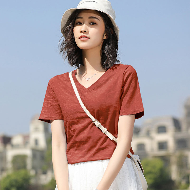 Cinnabar V-neck / CottonShort sleeve T-shirt female easy pure cotton jacket summer wear Half sleeve white T 桖 Women's wear 2021 new pattern tide Solid color Slubby cotton