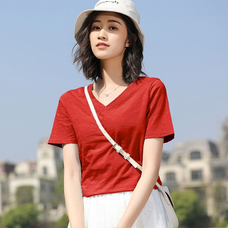 Rose V-neck / CottonShort sleeve T-shirt female easy pure cotton jacket summer wear Half sleeve white T 桖 Women's wear 2021 new pattern tide Solid color Slubby cotton