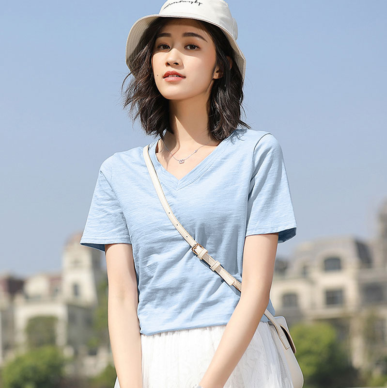 Grey Blue V-neck / CottonShort sleeve T-shirt female easy pure cotton jacket summer wear Half sleeve white T 桖 Women's wear 2021 new pattern tide Solid color Slubby cotton