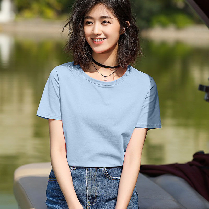 Haze Blue / CottonShort sleeve T-shirt female easy pure cotton jacket summer wear Half sleeve white T 桖 Women's wear 2021 new pattern tide Solid color Slubby cotton