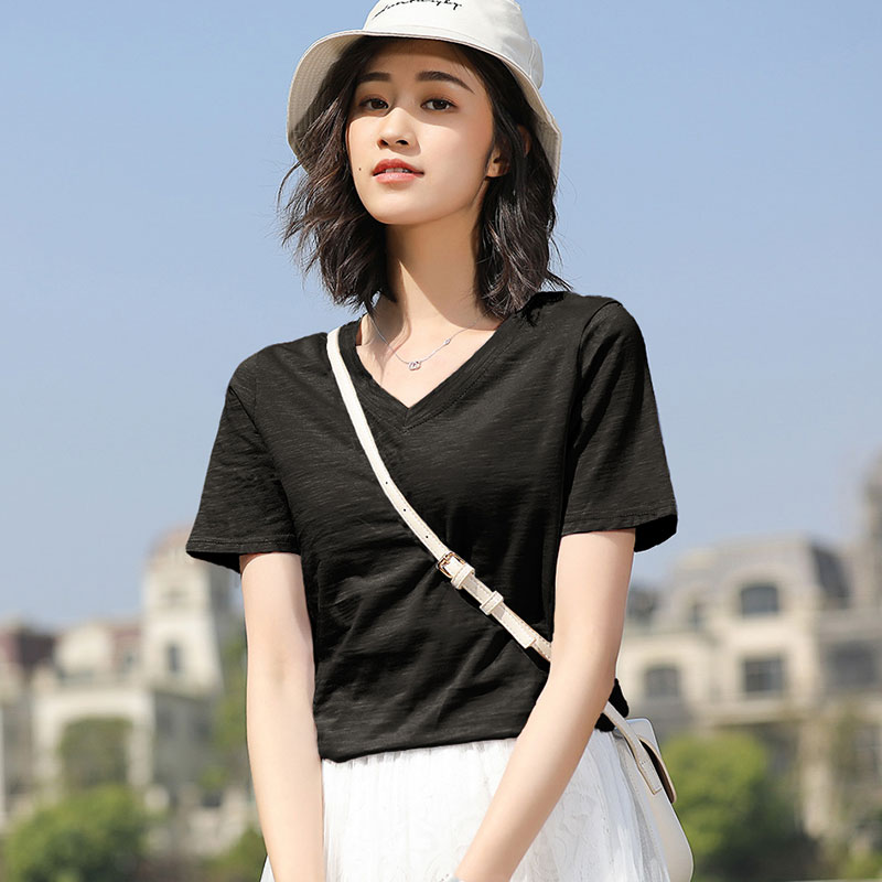 Black V-neck / CottonShort sleeve T-shirt female easy pure cotton jacket summer wear Half sleeve white T 桖 Women's wear 2021 new pattern tide Solid color Slubby cotton