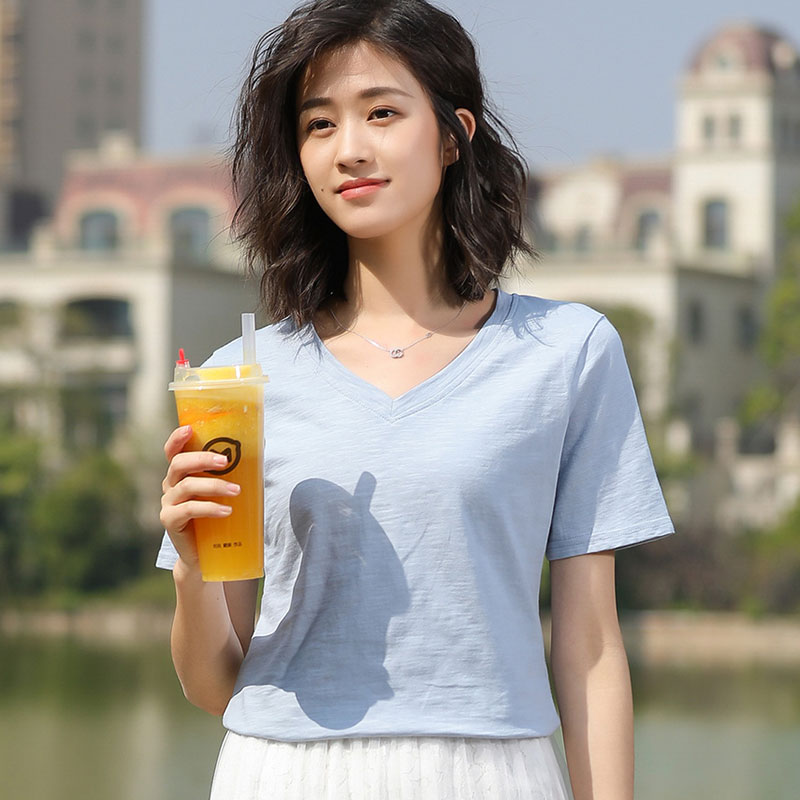 Grey Blue Slub Cotton VShort sleeve T-shirt female easy pure cotton jacket summer wear Half sleeve white T 桖 Women's wear 2021 new pattern tide Solid color Slubby cotton