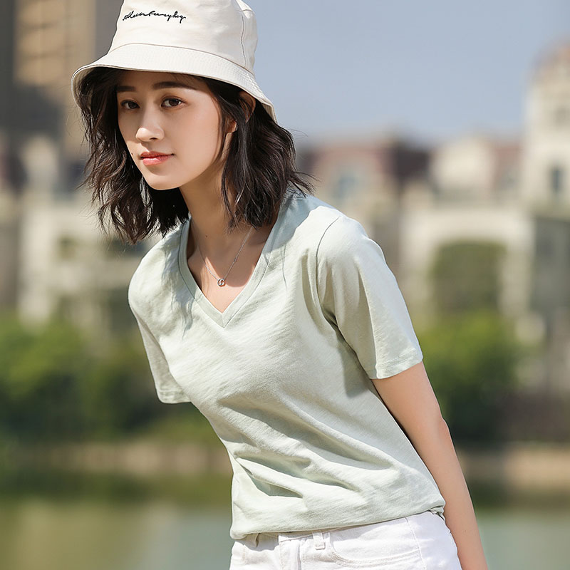 Light Green Slub Cotton VShort sleeve T-shirt female easy pure cotton jacket summer wear Half sleeve white T 桖 Women's wear 2021 new pattern tide Solid color Slubby cotton