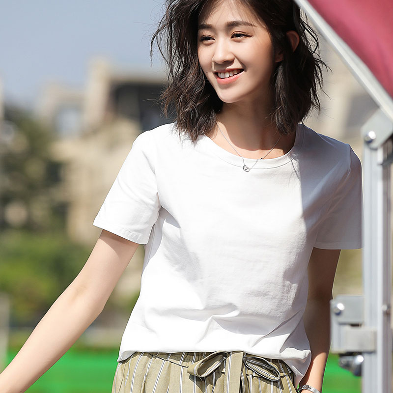 White / CottonShort sleeve T-shirt female easy pure cotton jacket summer wear Half sleeve white T 桖 Women's wear 2021 new pattern tide Solid color Slubby cotton