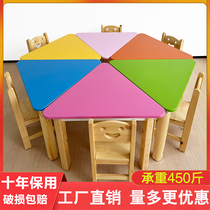 Kindergarten table childrens special solid wood combination table and chair set baby writing learning table reading and painting triangle