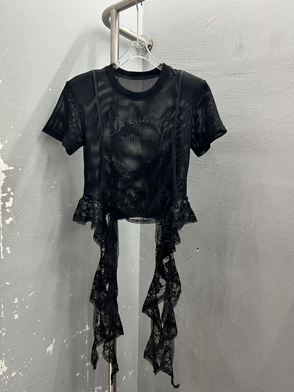 European Style Summer New Design Niche Fashion Sweet and Cool Lace Patchwork Sheer Mesh Top