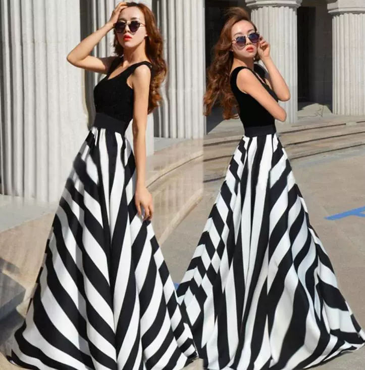 2017ebay Bán nóng AliExpress Dress Mùa hè Sexy Phụ nữ Ngoại thương Vest Lau Sọc Váy dài - Váy dài