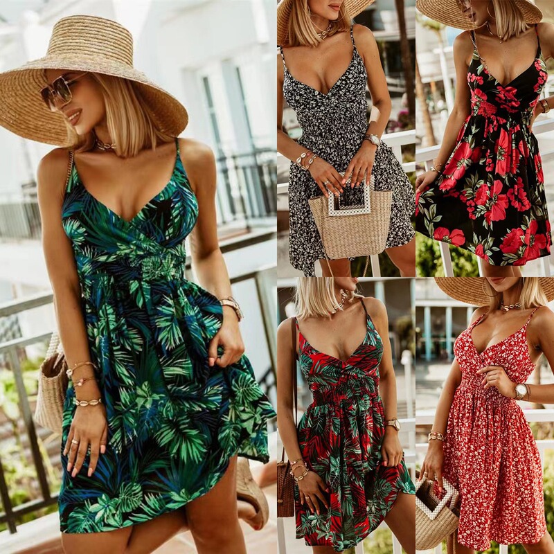 Ebay, Aliexpress, Amazon New European and American Street Style Foreign Trade V-Neck Printed Spaghetti Strap Waist-Cinching Slimming A-Line Dress