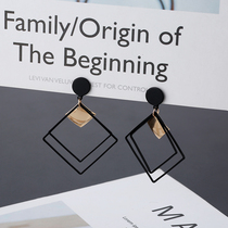 Korean temperament Joker black geometric diamond square earrings European and American personality long earrings earrings without ear clip female