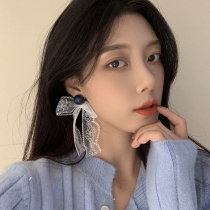 Design sense lace tassel earrings Super fairy bow long retro harbor style girl earless ear clip