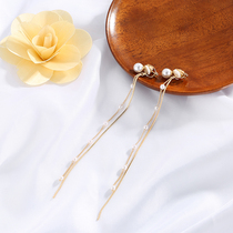 Super fairy tassel earrings Korean temperament personality Joker long pearl sterling silver earrings earrings female
