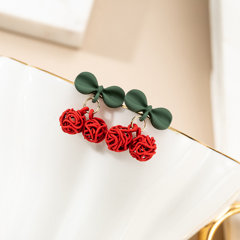 Butterfly Knot Red Cherry Ear Pin Cute Sweet And Merry Color Earrings Korea Fashion Temperament Net Red Without Ear Clip