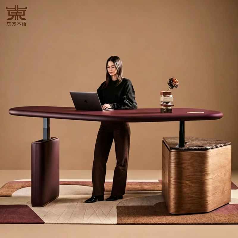 Italian Minimalist Solid Wood Electric Lift Table, Genuine Leather Modern Simple Office Calligraphy and Painting Desk, Special-Shaped Design, Top Layer Optional