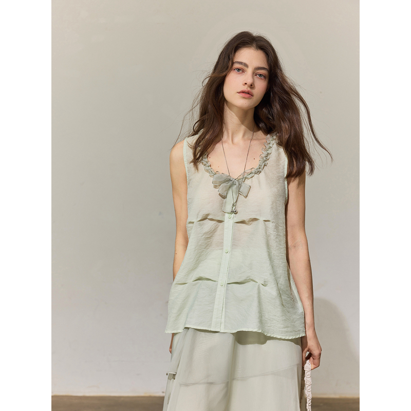 B Plus m 2026 Summer [Mint Soft Gauze] V-Neck Ruffled Lightweight Breathable Pleated Textured Top