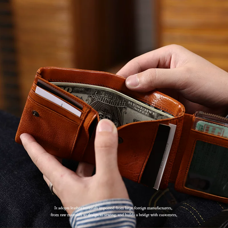 Кожаный компактный кошелек HALFWORK, декоративная прострочка, телячья кожа, анти-краже, натуральная кожа