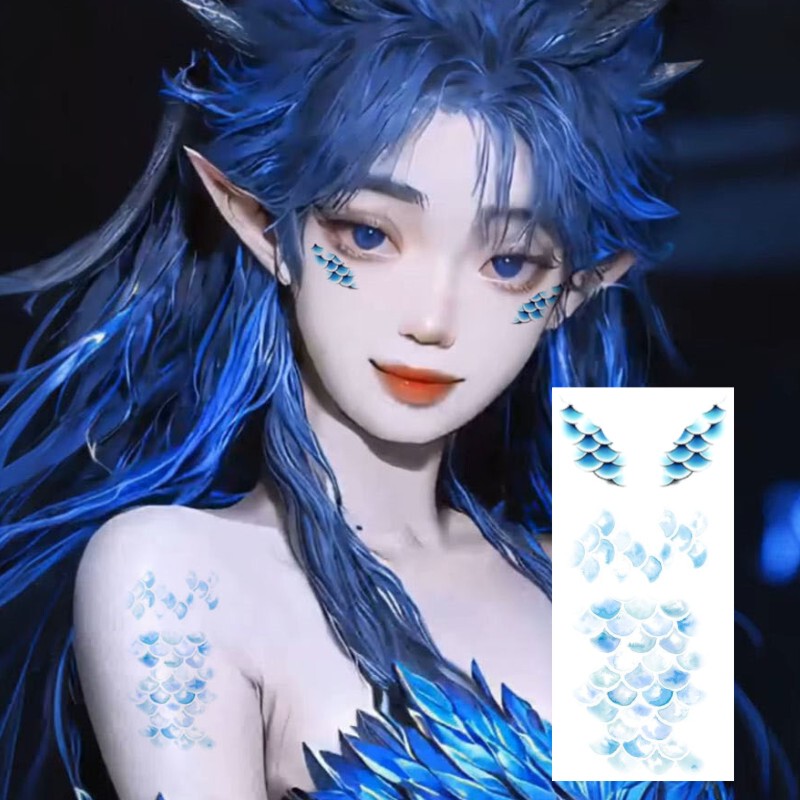 High-End Blue Dragon Scale Style Colorful Tattoo Stickers, Waterproof, Personalized, Fashionable, Chinese Style, Internet Celebrity, Painted, Sweet and Cool