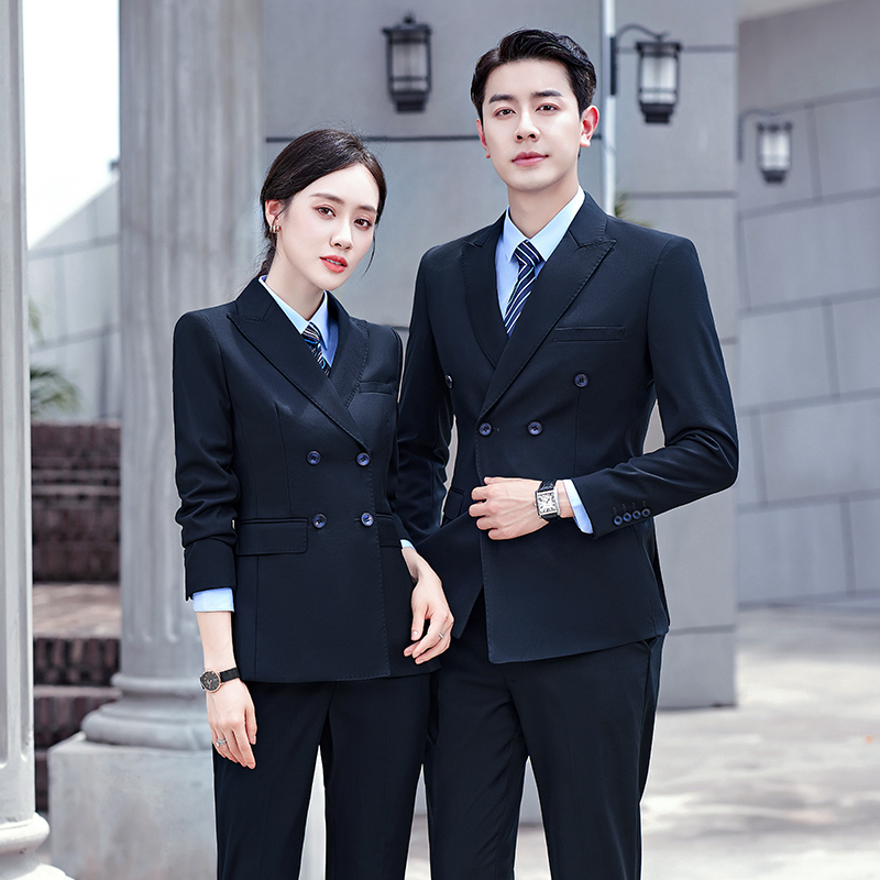 Unisex Double-Slit Navy Blue Suit Set, Professional Formal Attire, Double-Breasted Suit Jacket for Civil Servants, Workwear