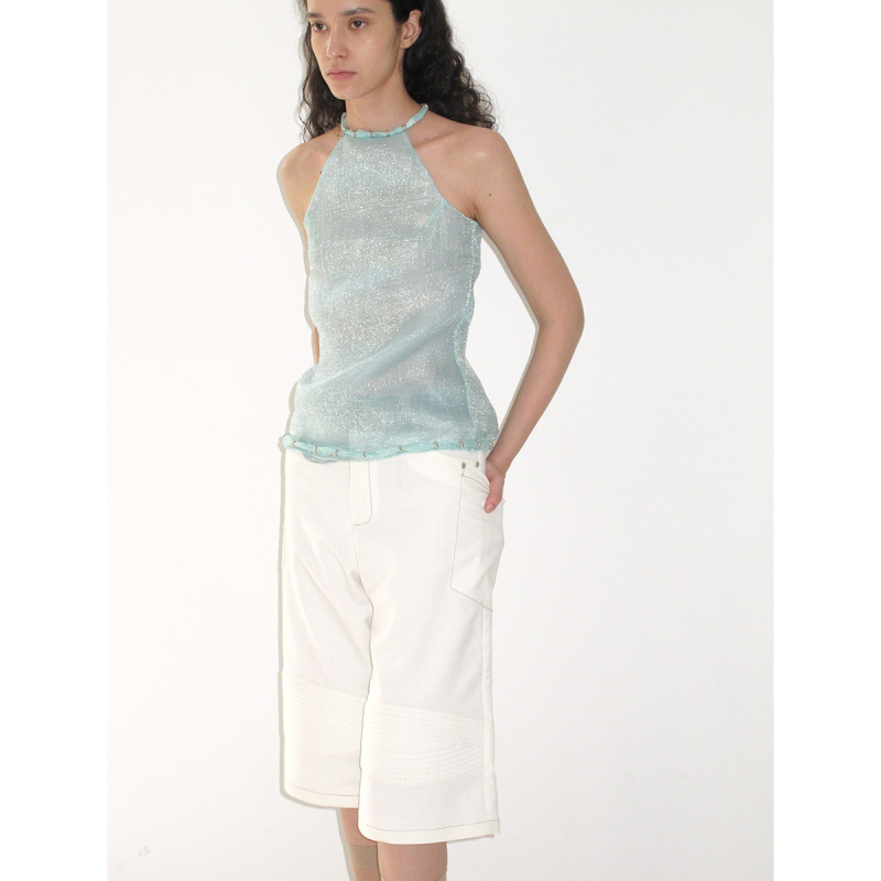 Highriver 25Ss-Summer Beaded Neckline Lightweight Sleeveless Top-Mint Green