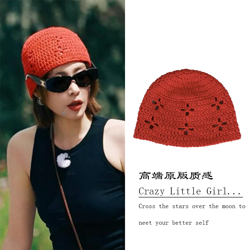 Red Hollow-Out Knit Hat in the Same Style as Gao Ye from Xiangye, Handmade Crochet Beanie, Niche Street Style Cold Weather Hat