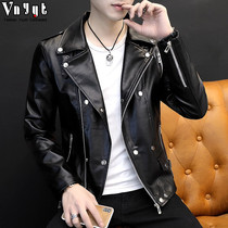 Mens personality trendy brand motorcycle leather clothing 2021 autumn new fashion leather jacket Handsome Mens slim coat mens slim coat