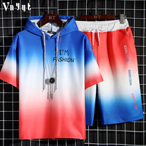 2020 new mens summer leisure sports short sleeve set Tide brand gradient personality hooded casual sweater set