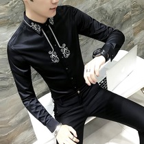 Mens handsome long sleeve shirt male spirit guy night show mens Korean casual shirt personality embroidered inch shirt Spring