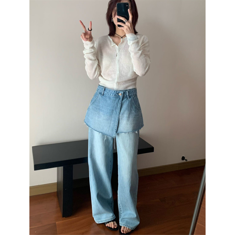 Gl7620 Korean Style High-Waisted Detachable Flap Straight-Leg Jeans for Women 2026 Spring New Slimming Wide-Leg Pants