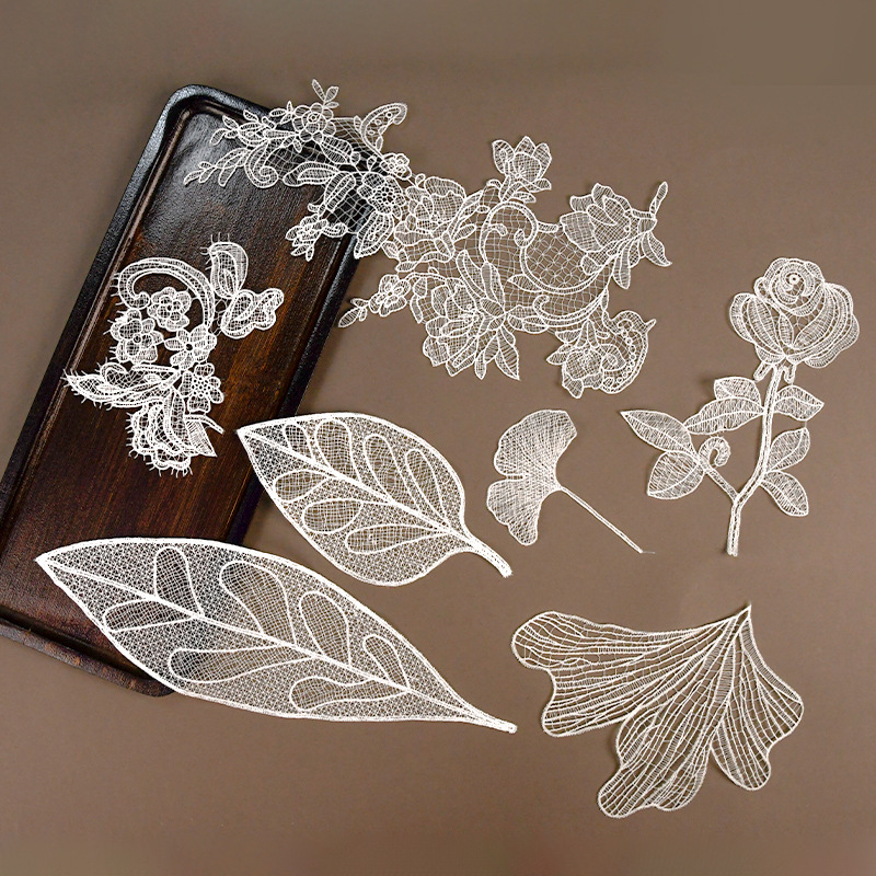 Ready-Made Fish Silk Thread Eyelash Embroidery Lace Fabric Patch Water-Soluble Hollow Lace Piece Floral Embroidery Piece Wedding Dress Accessories