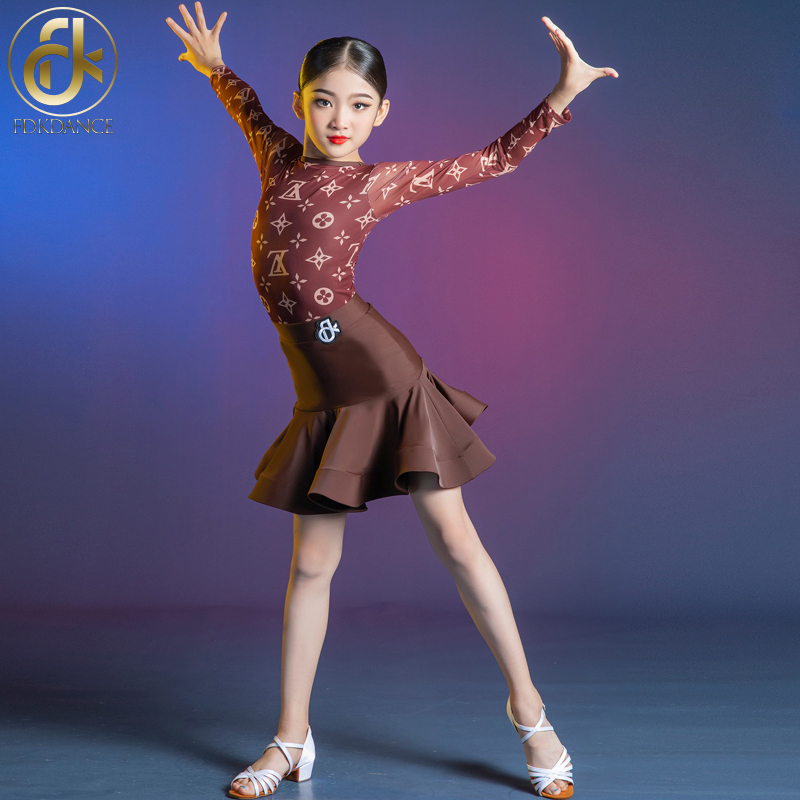 Vatica Winter Latin Dance Conceived Girls Mesh Printing Long Sleeve Breakup Children Performance Kit