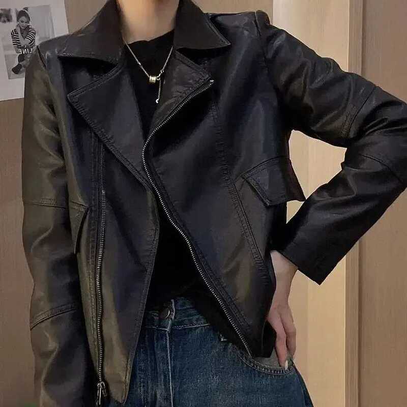 Spring, Autumn and Winter Pu Leather Suit Collar Casual Short Loose Design Women's Biker Jacket Stylish Leather Jacket Coat Spring, Autumn and Winter Pu Leather Suit Collar Casual Short Loose Design Women's Biker Jacket Stylish Leather Jacket Coat