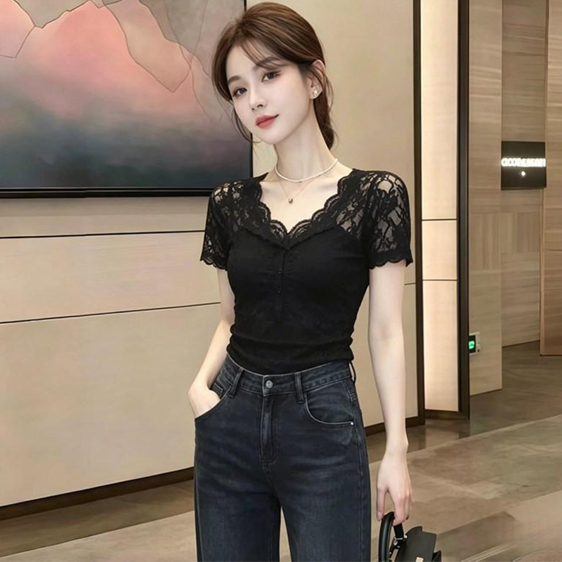 Fashionable Design Lace Patchwork V-Neck Short-Sleeve Top for Women 2026 Summer New Slim-Fit Versatile Blouse Fashionable Design Lace Patchwork V-Neck Short-Sleeve Top for Women 2026 Summer New Slim-Fit Versatile Blouse