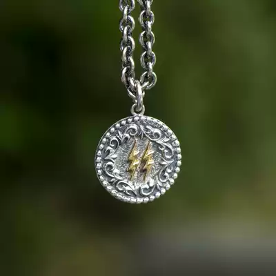 Dear Blossom Japanese craftsman embossed Tang grass pattern 18K Double Lightning 925 Silver Pendant