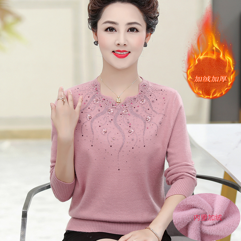 Western-Style Long-Sleeved Fleece-Lined Thick Sweater for Autumn and Winter, Knitted Base Shirt for Middle-Aged and Elderly Women, Elastic Top for Mothers