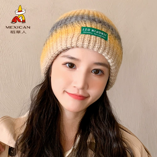 Японская демисезонная модная утепленная удерживающая тепло шерстяная вязаная шапка с капюшоном, градиент