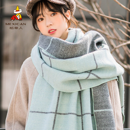 Scarecrow Scarf Women's 2025 New Korean Version Versatile Long Plaid Shawl Dual-Purpose Autumn and Winter Thickened Warm Scarf