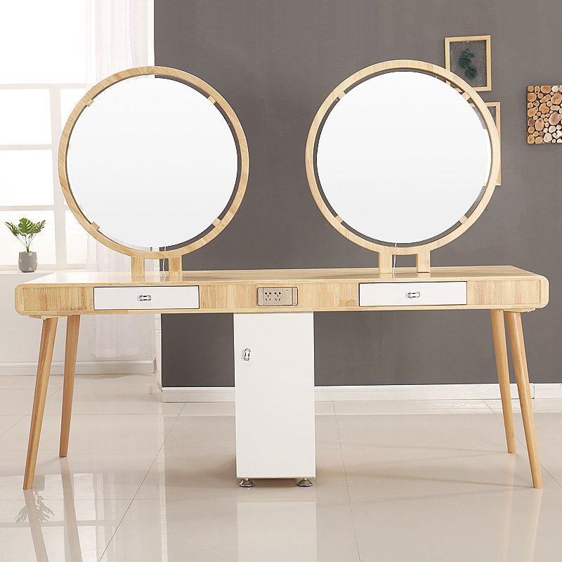 Hairdresse Shop Real Wood Mirror Desk Hair Salon Special Beauty Hair Shop Desktop Strap Lamp Bifacial Mirror Table Cabinet Integrated Brief Modern
