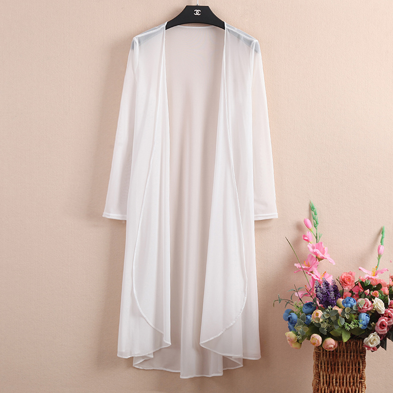 Lưới áo choàng cardigan của phụ nữ phần dài mùa hè phần mỏng kem chống nắng quần áo voan bên ngoài băng lụa khăn choàng coat dài tay áo ao khoac len