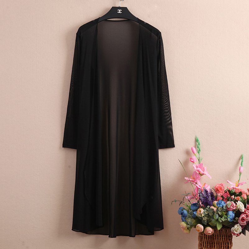 Lưới áo choàng cardigan của phụ nữ phần dài mùa hè phần mỏng kem chống nắng quần áo voan bên ngoài băng lụa khăn choàng coat dài tay áo ao khoac len