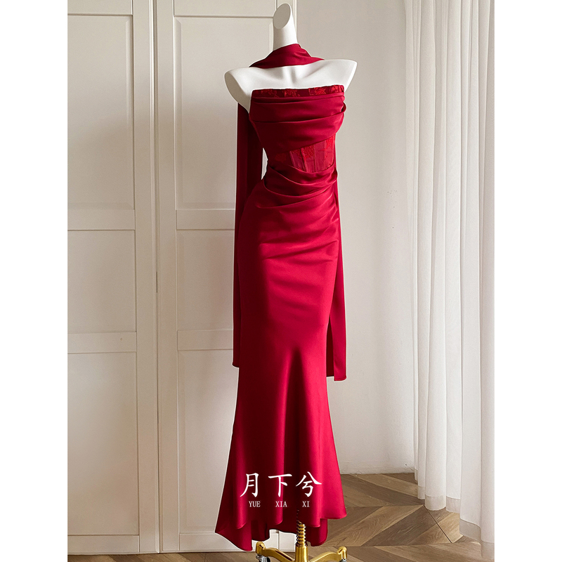 【Under the Moonlight - Lip Color Secret】Red Engagement Dress, High-End Coming-Of-Age Ceremony Dress, Wedding Toast Dress, Thank-You Banquet Dress for Women