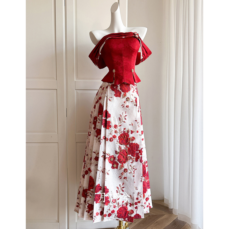 【Under the Moonlight - Garden Tea Party】New Chinese-Style Engagement Dress Mamian Skirt Set Wedding Toast Dress Red for Women