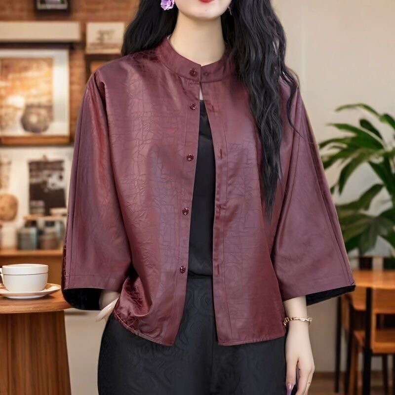 Vintage Purple Crackle-Pattern Short Outerwear for Women, Spring 2026 New Casual Style, Nine-Quarter Sleeve Round Neck Cardigan Top
