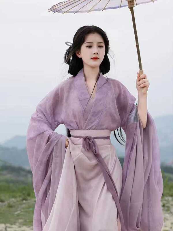 Authentic Hanfu for Women in Wei and Jin Dynasty Style, Printed Cross-Collar Wide-Sleeve Chinese-Style Eight-Panel Skirt, Ancient Costume for Daily Wear