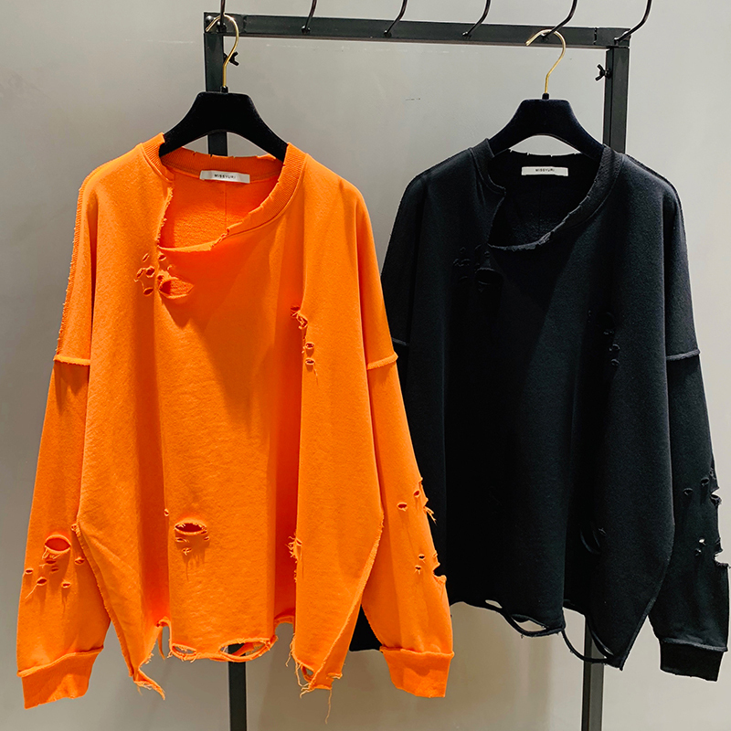 【Reverse Wear Version】Spring and Autumn New Korean Style Distressed T-Shirt, Loose Round Neck, Mid-Length Long Sleeve, Trendy Solid Color Top for Women