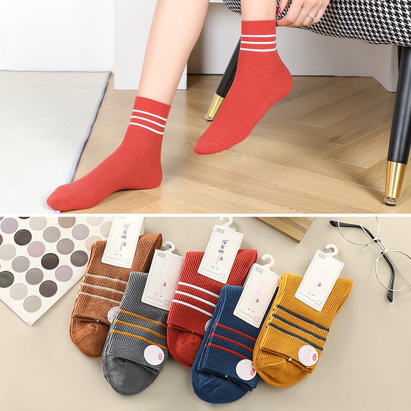 5 pairs of brand autumn and winter mid-tube double-needle women's color cotton socks do not fade tide style Liaoyuan socks origin delivery