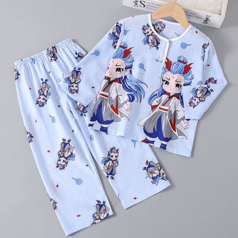 Nezha Children's Summer Pajamas Long-Sleeved Ao Bing Cotton Silk Pajamas for Older Children Home Wear Boys and Girls Air-Conditioned Clothing Set